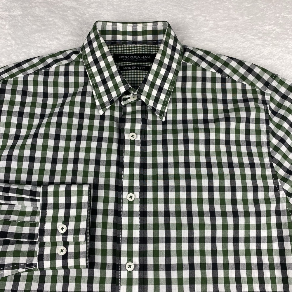 Nick Graham Shirt Mens 15.5-34/35 Green/Black Checks Modern Fit Flip Cuffs
